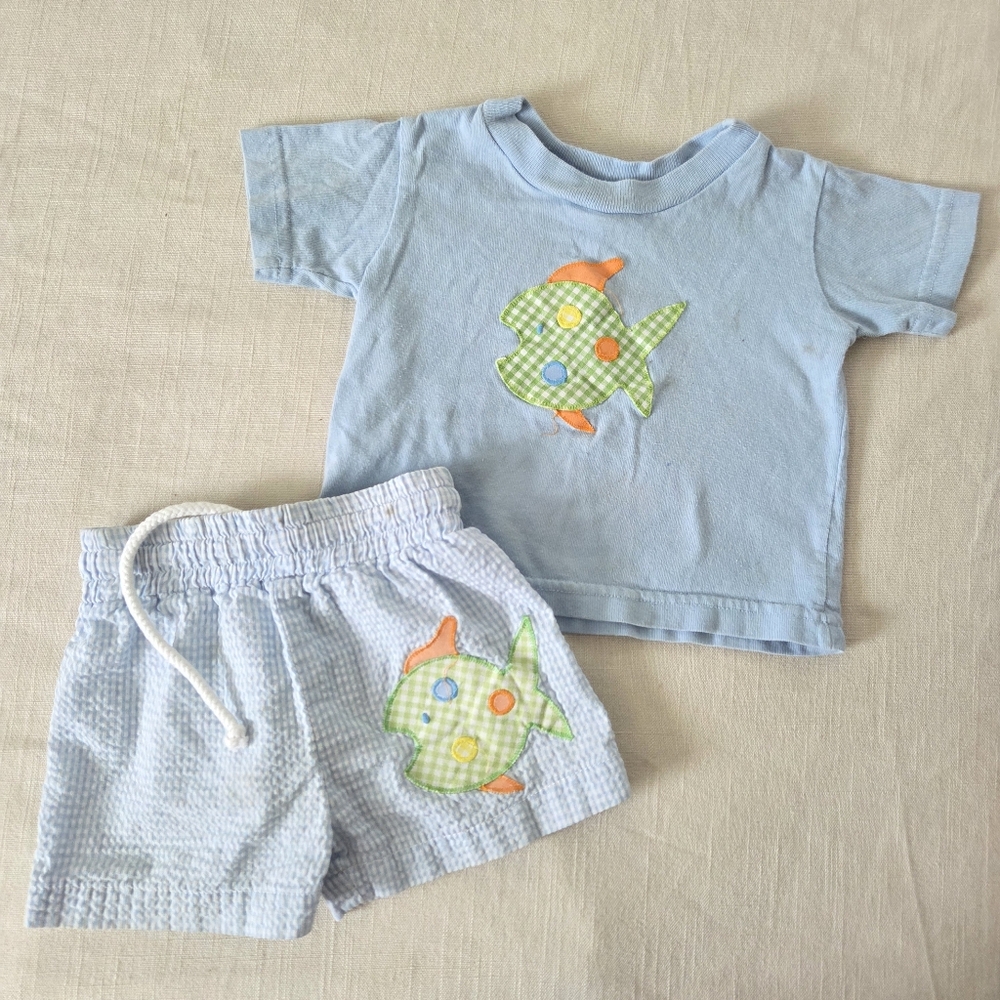 Funtasia! Too Cute Blue Fish Baby Matching Set Outfit 6-9 Months Gingham